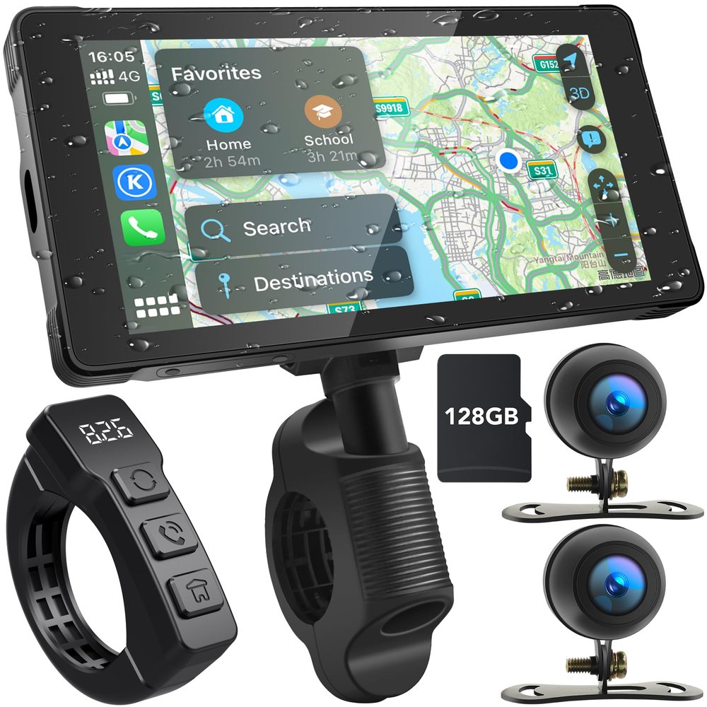 LBW Premium Motorcycle Dash Cam DVR: Wireless Motorcycle Carplay & Android Auto, Dual HD 1080P Cameras, 5.5" IP66 Waterproof Touch Screen, Remote Control, BT, Siri & Google Voice, Free 128G SD Card