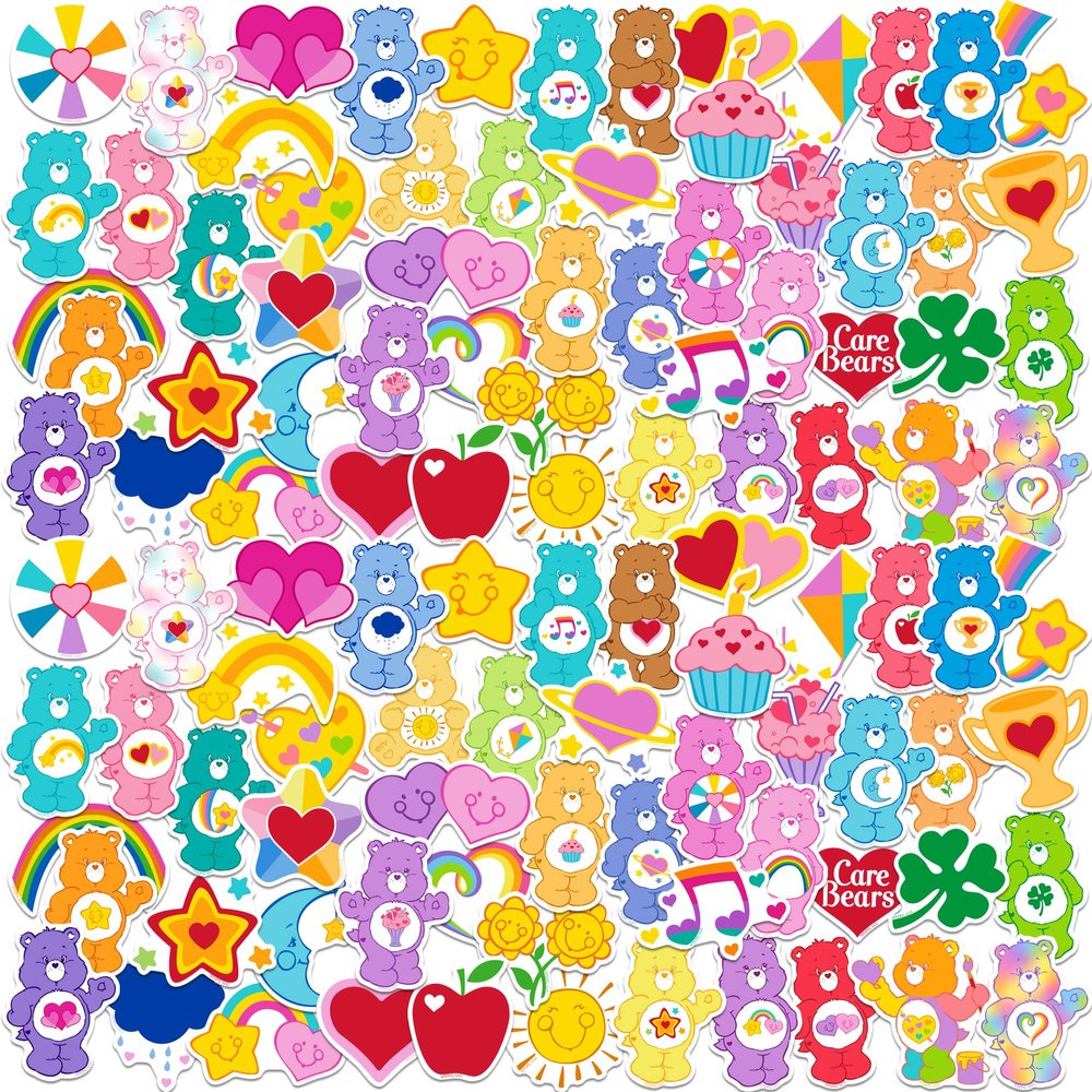 Care Bears and Tummy Emblems 100ct Vinyl Large Deluxe Stickers Variety Pack - Laptop, Water Bottle, Scrapbooking, Tablet, Skateboard, Indoor/Outdoor