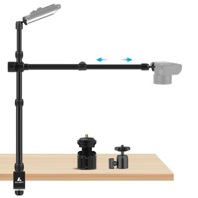 Ailight Overhead Camera Mount Desk Stand, 15.75"-33.45" Webcam Mount with 2-Section Adjustable Telescopic Boom Arm, C Clamp/Swiveling Ball Head for DSLR Camera, Phone Clip, Ring Light, Webcam