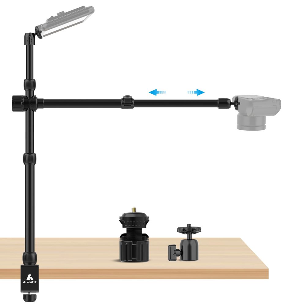 Ailight Overhead Camera Mount Desk Stand, 15.75"-33.45" Webcam Mount with 2-Section Adjustable Telescopic Boom Arm, C Clamp/Swiveling Ball Head for DSLR Camera, Phone Clip, Ring Light, Webcam