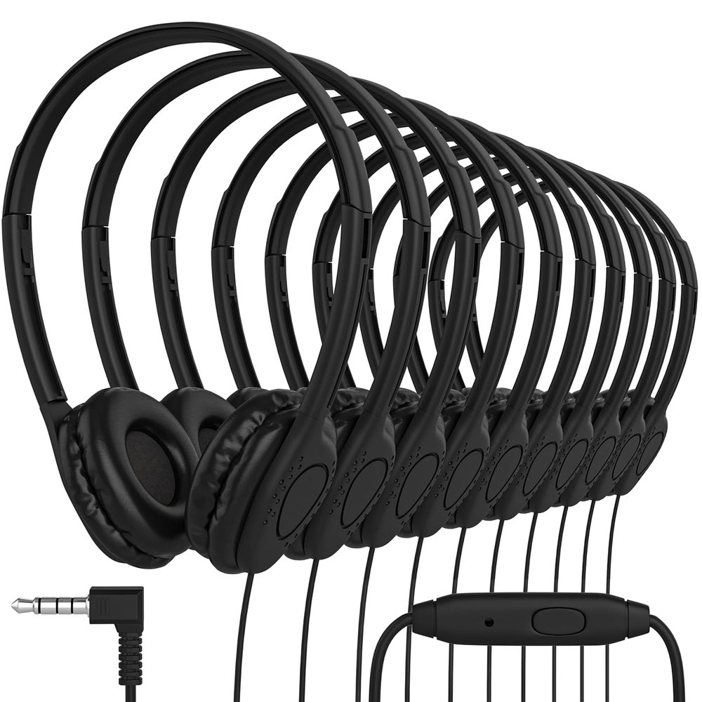 Maeline Bulk 10 Pack Kids Headphones for School with Microphones, Flexible Adjustable Headband, Comfy Faux Leather Cushions, On-Ear Stereo Headset 3.5mm Wired - Black