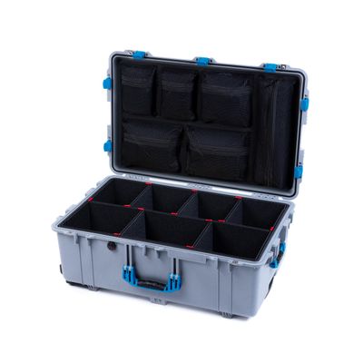Pelican 1650 Case by ColorCase - Silver - Large Sized Waterproof Rolling Case with TrekPak Divider System & Mesh Lid Organizer - Blue Handles & Latches