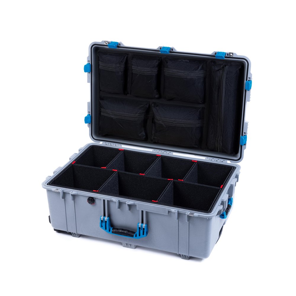Pelican 1650 Case by ColorCase - Silver - Large Sized Waterproof Rolling Case with TrekPak Divider System & Mesh Lid Organizer - Blue Handles & Latches