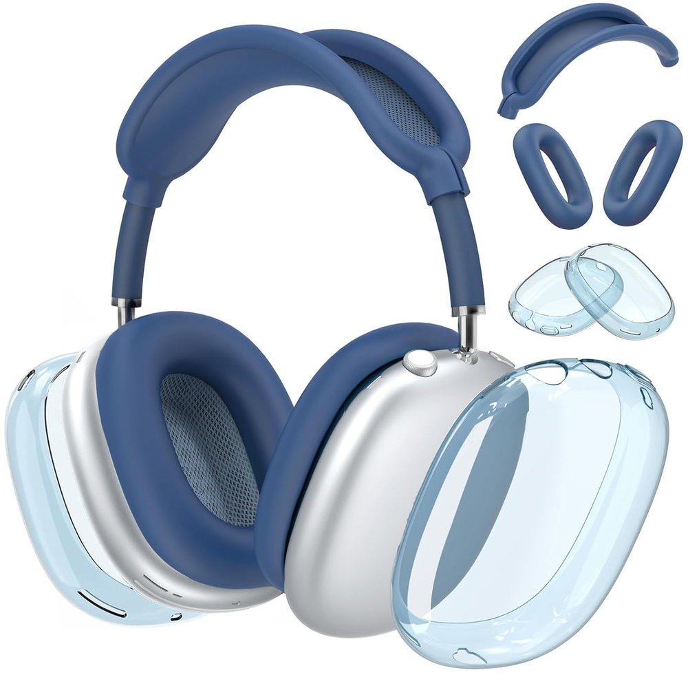 3 in 1 Silicone Case Cover Compatible with Apple Airpods Max Headphones(2024/2020), Clear Soft TPU Ear Cups Cover/Silicone Ear Pad Case Cover/Headband Cover Accessories (Clear Blue)
