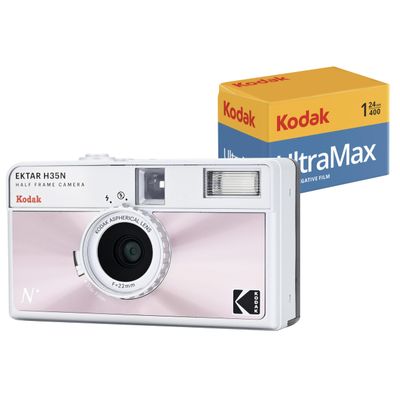 Kodak EKTAR H35N Half Frame Film Camera Bundle with Kodak Ultramax 400/24EXP 35mm Roll Film (Glazed Pink, Bundle)