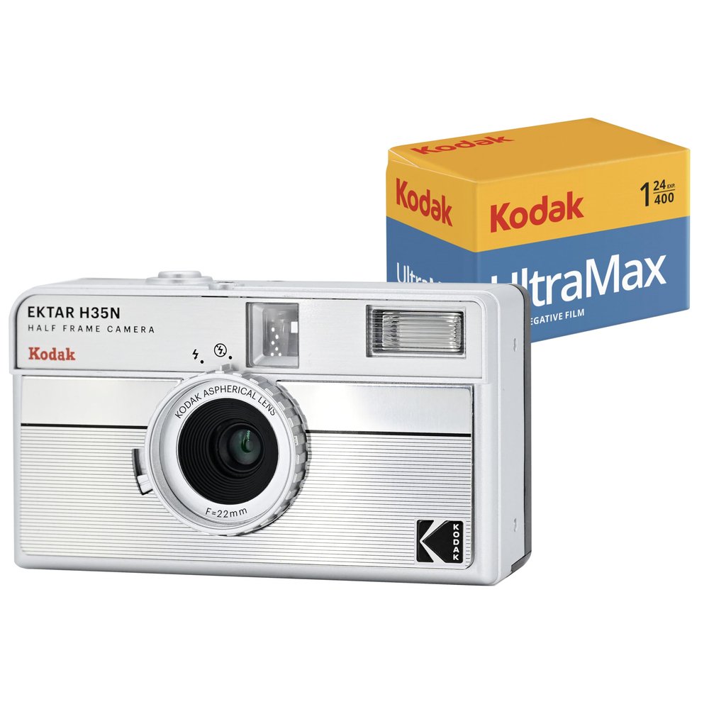 Kodak EKTAR H35N Half Frame Film Camera Bundle with Kodak Ultramax 400/24EXP 35mm Roll Film (Striped Silver, Bundle)