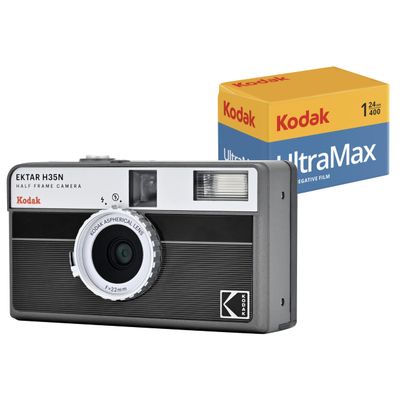 Kodak EKTAR H35N Half Frame Film Camera Bundle with Kodak Ultramax 400/24EXP 35mm Roll Film (Striped Black)