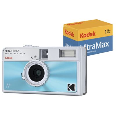 Kodak EKTAR H35N Half Frame Film Camera Bundle with Kodak Ultramax 400/24EXP 35mm Roll Film (Glazed Blue, Bundle)
