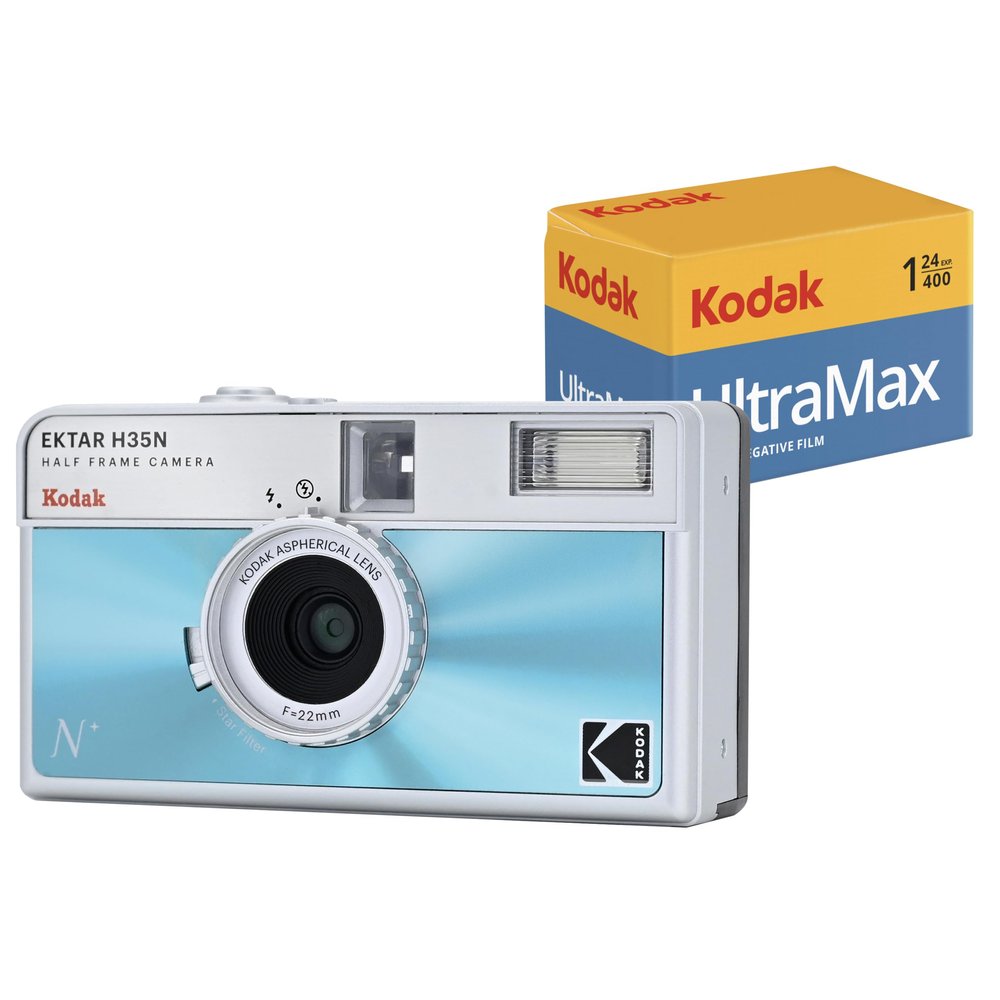 Kodak EKTAR H35N Half Frame Film Camera Bundle with Kodak Ultramax 400/24EXP 35mm Roll Film (Glazed Blue, Bundle)