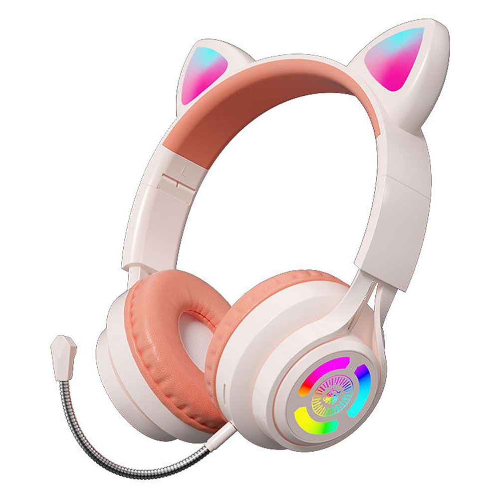 Kids Wireless Headphones Cat Ear Bluetooth 5.3 Portable Foldable Over-Ear Gaming Headset with Attachable HD Microphone RGB LED Light Support TF Card 3.5mm Audio Jack (Beige White)