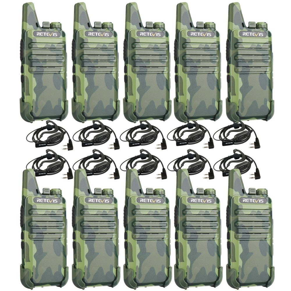 Retevis RT22 Walkie Talkies with Earpiece, Portable FRS Two-Way Radios, Camouflage, Compact, Lightweight, VOX Hands Free, Handheld 2 Way Radio with Headsets(10 Pack)