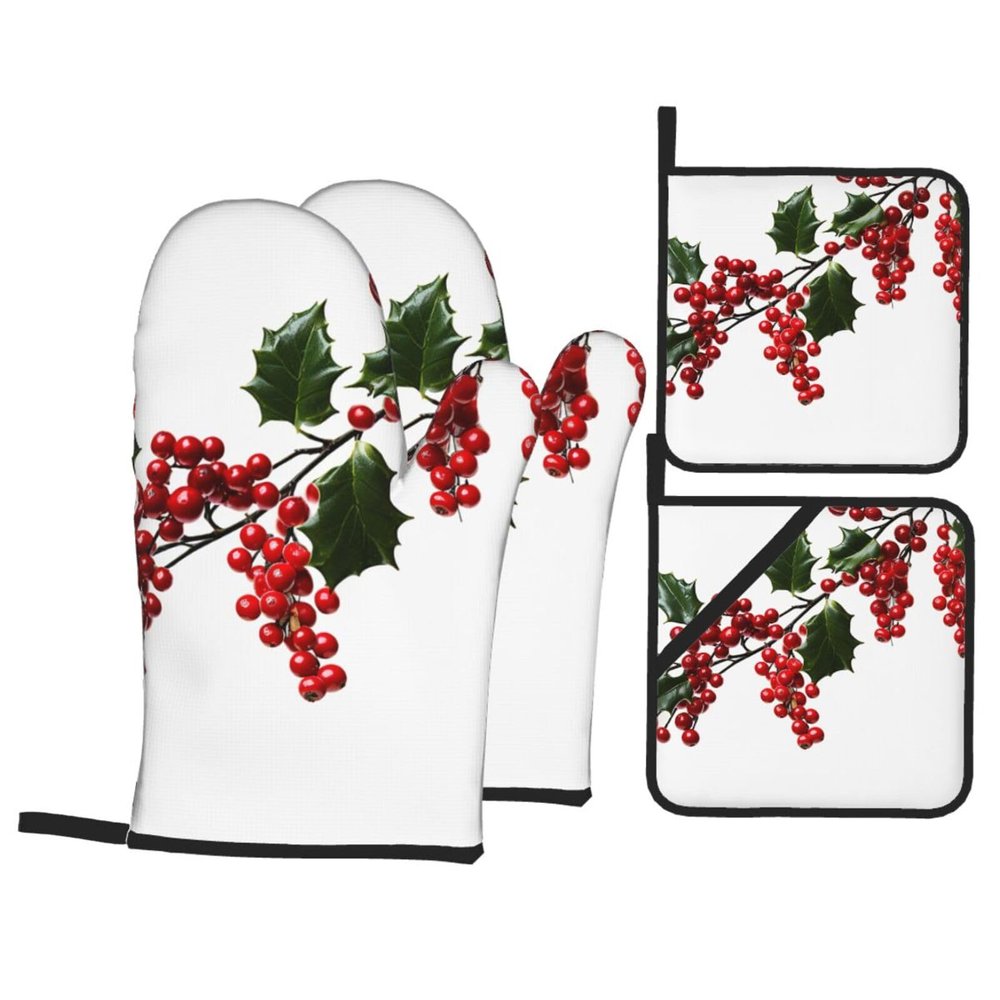 4 Pcs Oven Mitts Pot Holders Set Heat Resistant Waterproof Kitchen Oven Glove with Pot Holders Holly Berry Branches Non Slip Cooking Gloves for Baking Cooking Grilling BBQ