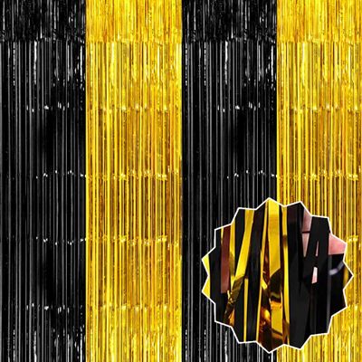 6 Pack Black and Gold Foil Fringe Curtains Backdrop, 3.28 x 8.2 Ft Metallic Streamers Tinsel Curtains Background for Photo Booth, Birthday, Christmas, Halloween, New Year Party Decorations