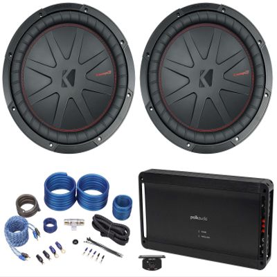 KICKER (2) 48CWR124 CompR 2000w 12" Car Subwoofers Bundle with (1) Polk Audio PAD1000.1 Mono 1200 Watt Car Audio Amplifier + (1) Rockville RWK41 4 Gauge Installation Wire Kit (4 Items)