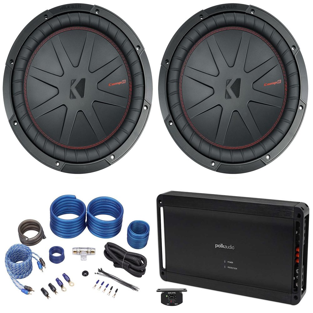 KICKER (2) 48CWR124 CompR 2000w 12" Car Subwoofers Bundle with (1) Polk Audio PAD1000.1 Mono 1200 Watt Car Audio Amplifier + (1) Rockville RWK41 4 Gauge Installation Wire Kit (4 Items)
