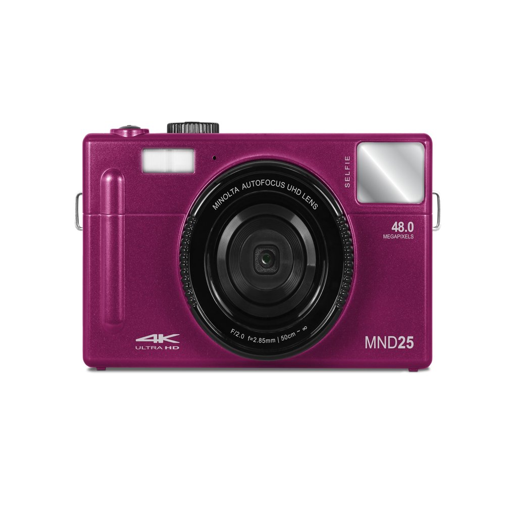 Minolta 48MP Autofocus Digital Camera with Selfie Mirror 4K Ultra HD Video, 16x Digital Zoom, 3.0 LCD, Face Detection, Smile Capture, Scene Modes, Rechargeable Battery, Memory Card (Magenta)