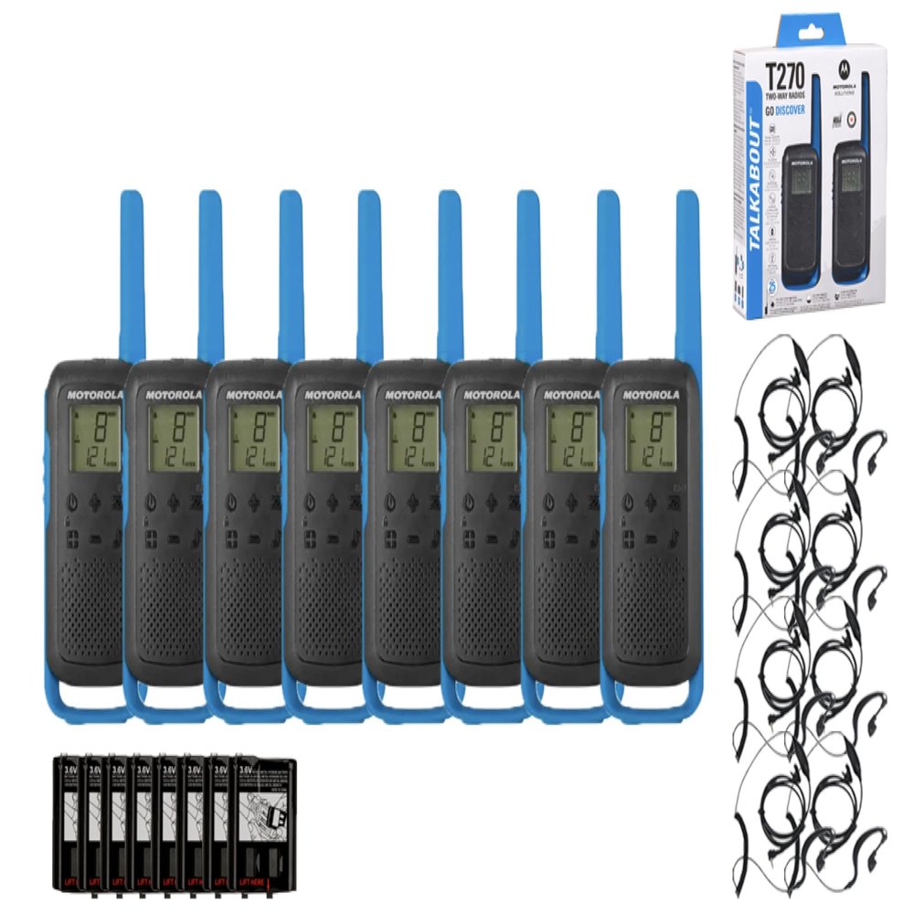 Motorola Talkabout T270 Two Way Radio Blue with PTT Earpieces 8 Pack Radios