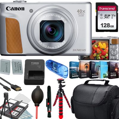 Canon PowerShot SX740 HS Digital Camera (Silver)+128GB Transcend Memory Card+Camera Shoulder Bag+Flex SpiderTripod+Deluxe Accessory Bundle (Renewed)