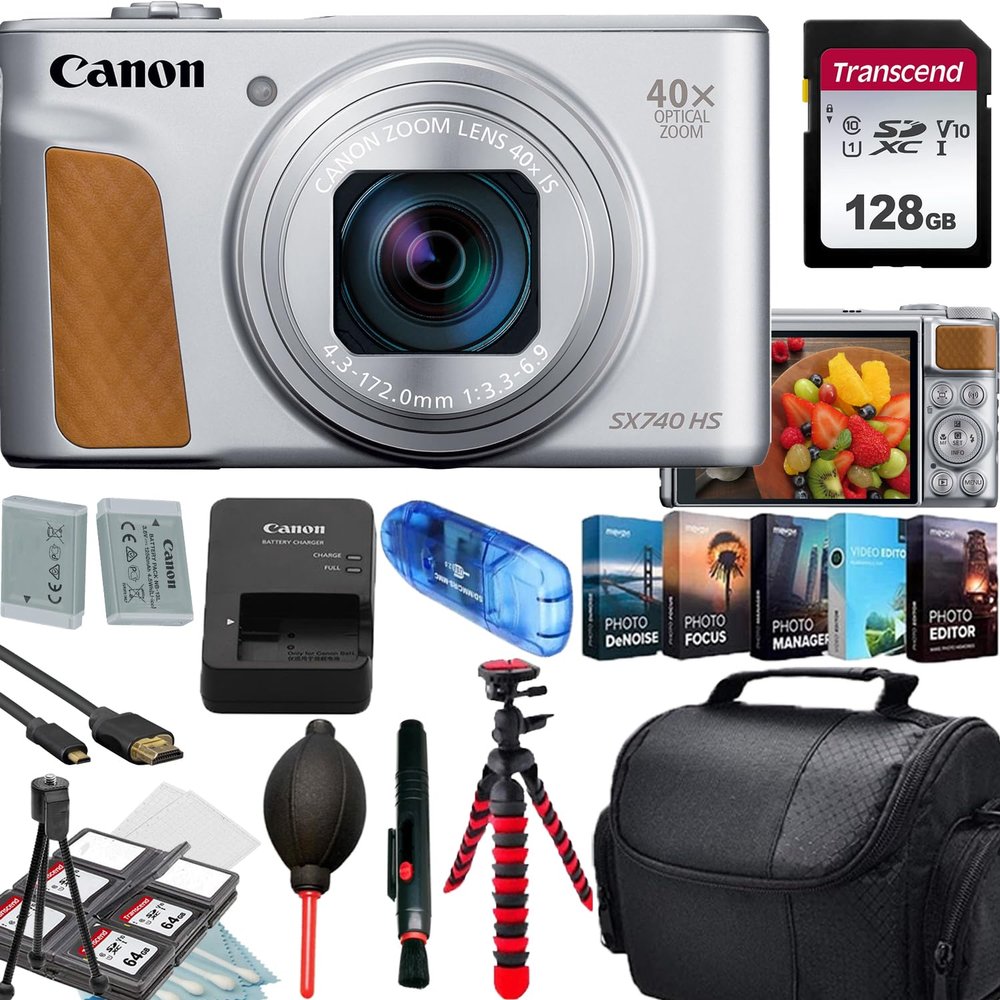 Canon PowerShot SX740 HS Digital Camera (Silver)+128GB Transcend Memory Card+Camera Shoulder Bag+Flex SpiderTripod+Deluxe Accessory Bundle (Renewed)