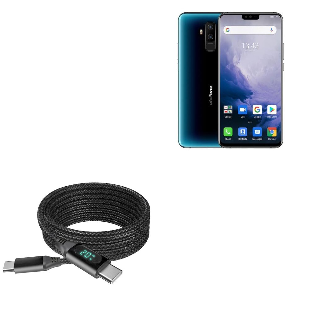 BoxWave Cable Compatible with Ulefone T2 - PowerDisplay PD Cable (6ft) - USB-C to USB-C (100W), LED Wattage Info Extra Long Braided Nylon - Jet Black