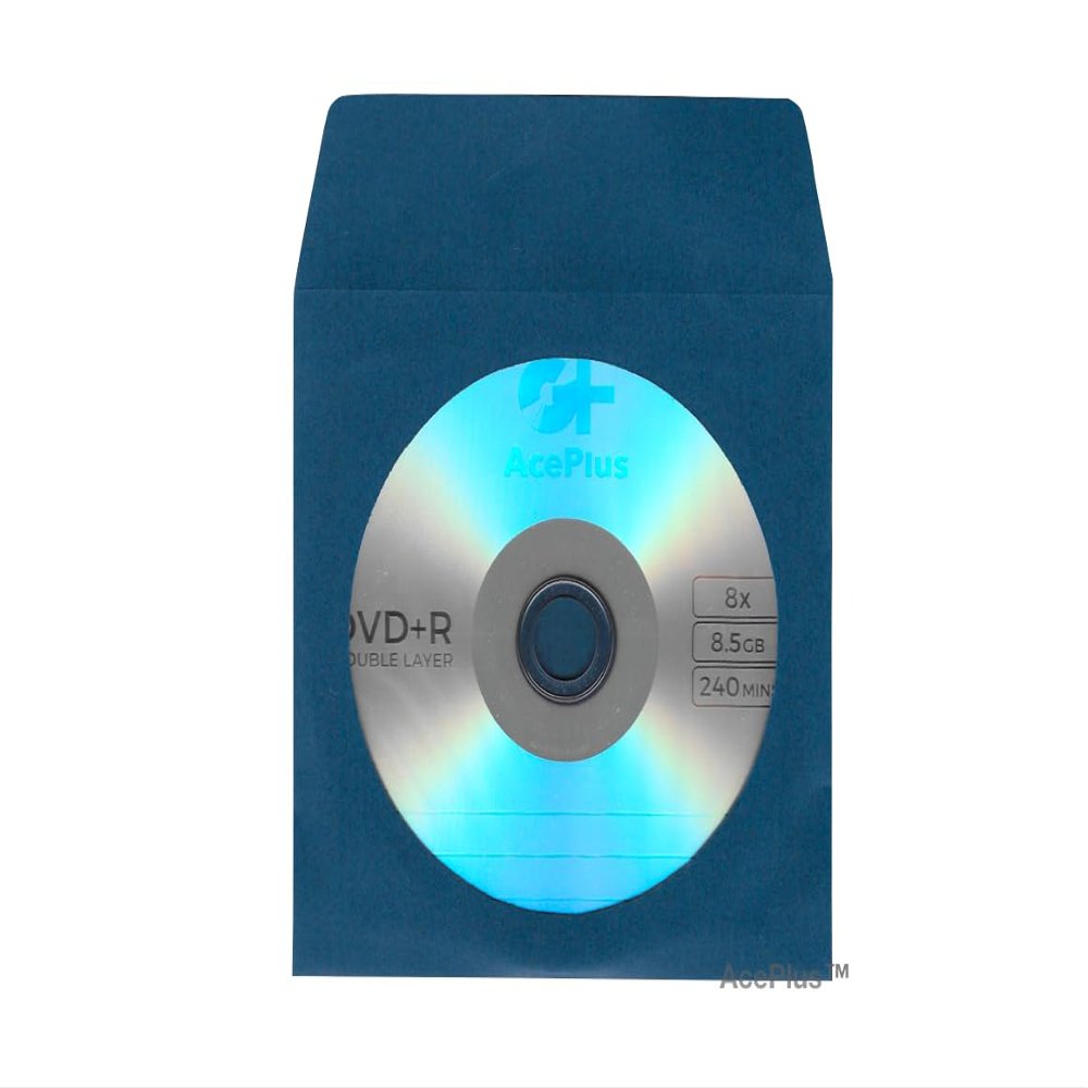 AcePlus 100 Navy Blue Paper Sleeves in 100 gram Premium Weight CD and DVD Envelopes with Clear Window, Flap and Close Tab in Retail Packaging (100-pk)
