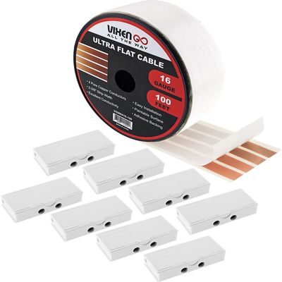 Vixen Go Hidden Flat Wire 4 Conductor 16 Gauge Paintable Cable for Audio Speakers, Smart Doorbell, LED Lighting, Low Voltage Appliances 100 FT + 8 Quick Connectors