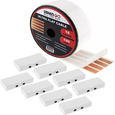 Vixen Go Hidden Flat Wire 4 Conductor 16 Gauge Paintable Cable for Audio Speakers, Smart Doorbell, LED Lighting, Low Voltage Appliances 100 FT + 8 Quick Connectors