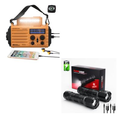 5000 Weather Radio, Solar Hand Crank 5-Way Power Emergency Radio+2 Pack Rechargeable Flashlights High Lumens