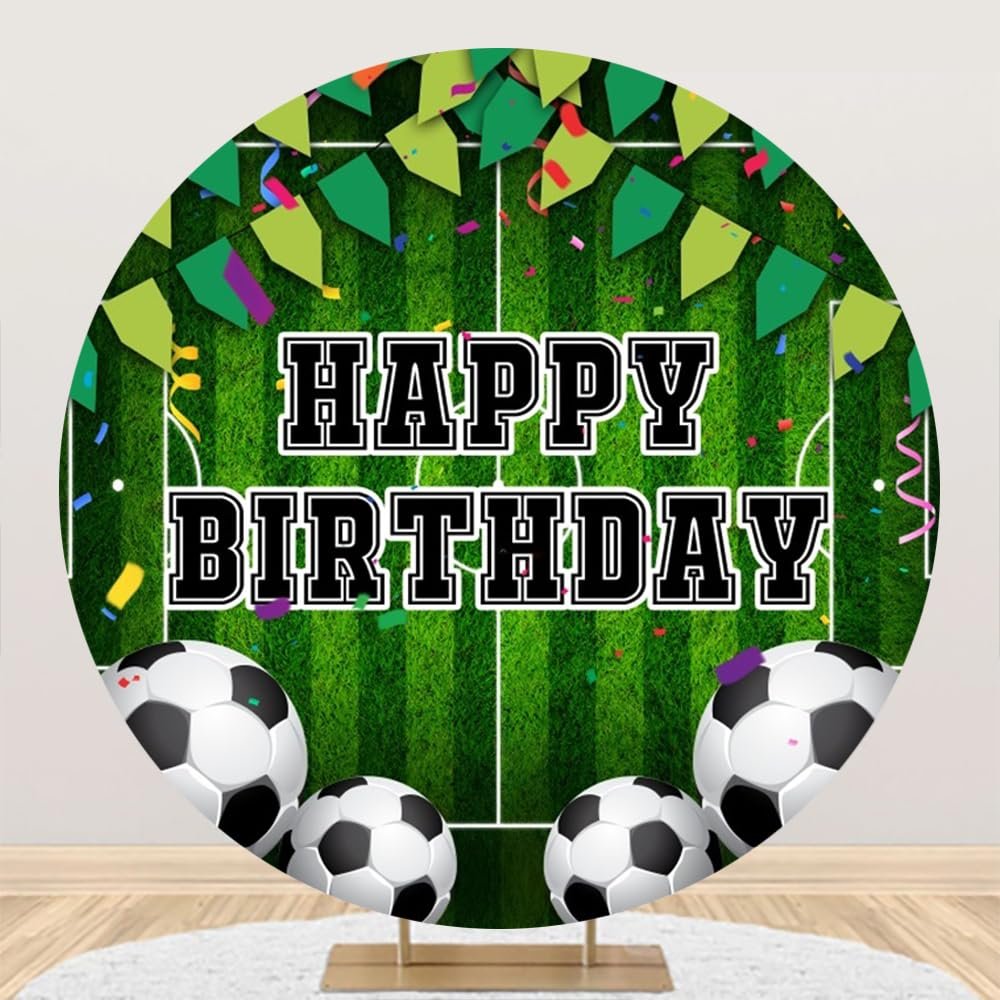 Leowefowa 7.2x7.2ft Polyester Football Birthday Backdrop Sport Field Background Happy Birthday Circle Round Backdrop Stand Cover Boys Mens Baby Shower Birthday Party Decor Banner Supplies