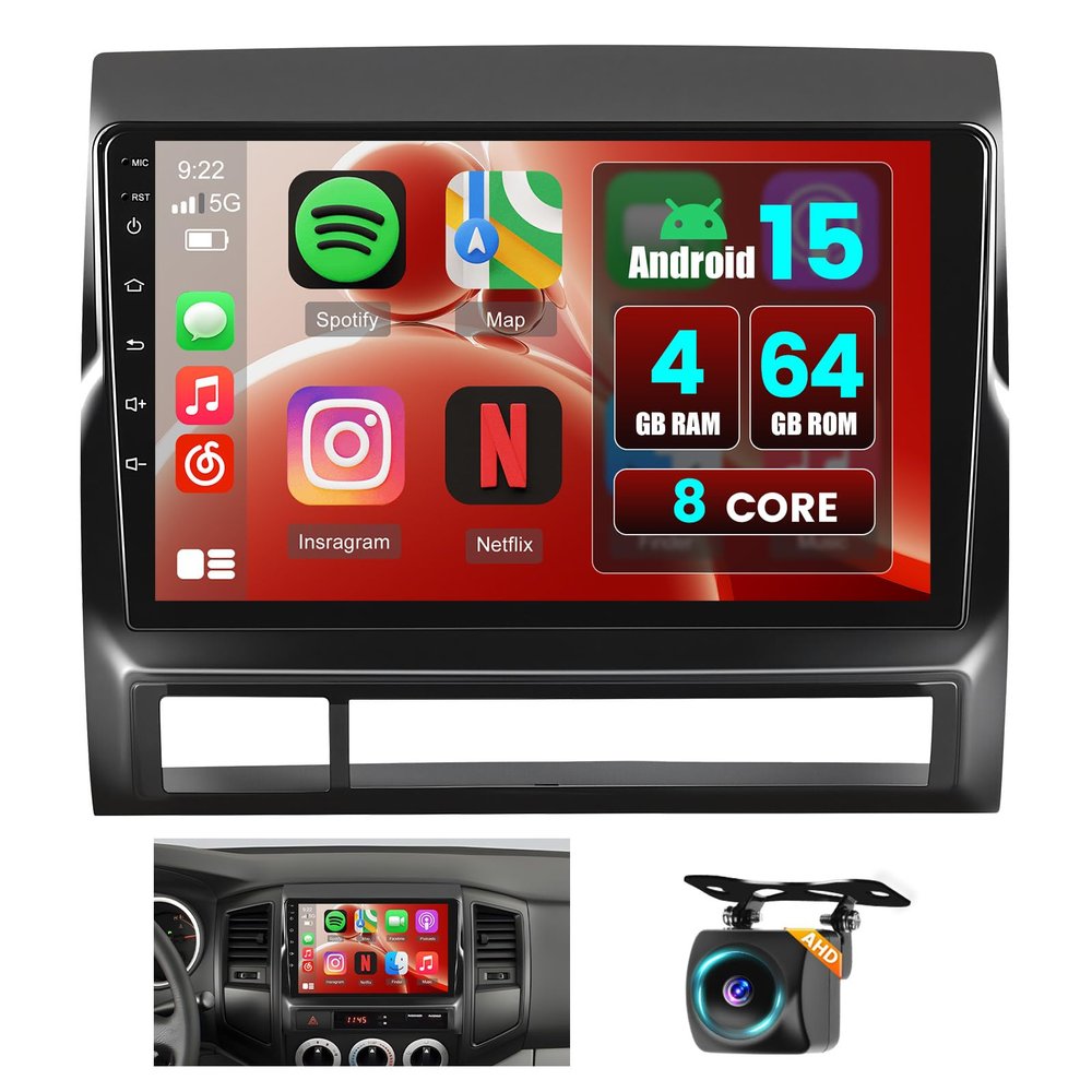 8Core 4+64G Android 15 Car Stereo for Toyota Tacoma 2005-2013,9 inch IPS 1280 * 720 Touch Screen Radio Wireless Apple Carplay Android Auto DSP 5G WiFi Bluetooth GPS FM RDS+Free AHD Backup Camera