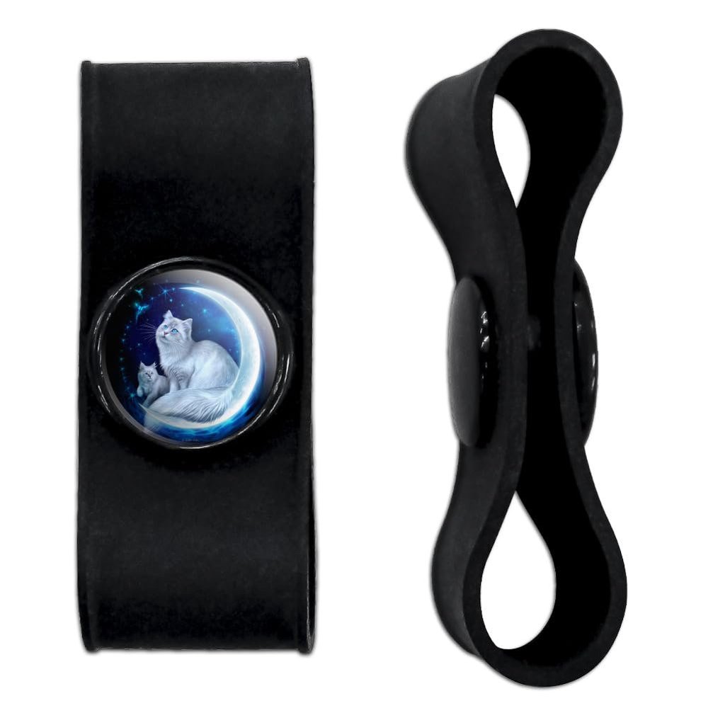 Cat and Kitten in Moon Headphone Earbud Cord Wrap - Charging Cable Manager - Wire Organizer Set of 2 - Black