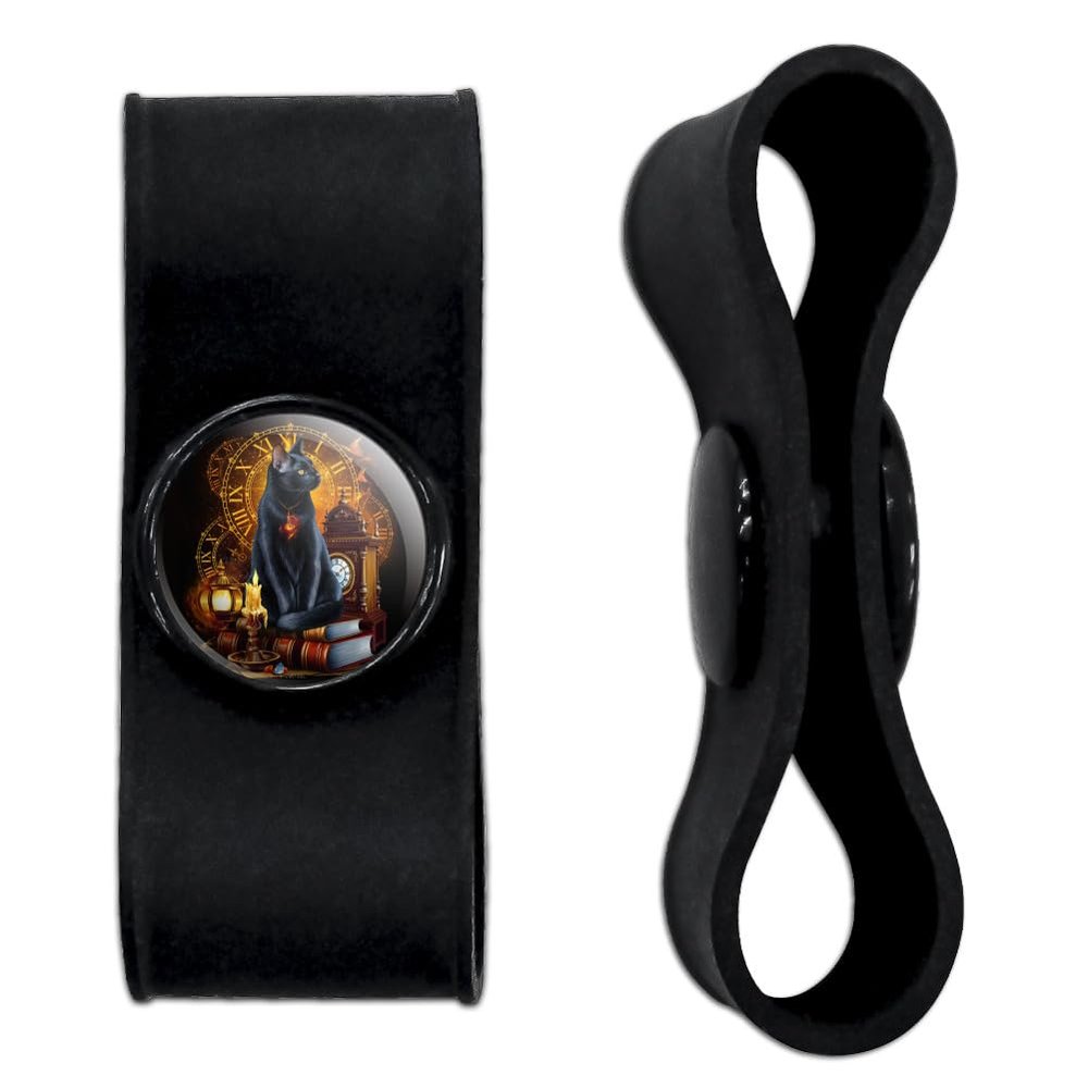 Black Cat Time Clock Headphone Earbud Cord Wrap - Charging Cable Manager - Wire Organizer Set of 2 - Black