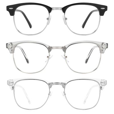 Przene Blue Light Blocking Glasses for Men Women Retro Round Semi Rimless UV400 Computer Eyewear 3-Pack Black/grey/transparent