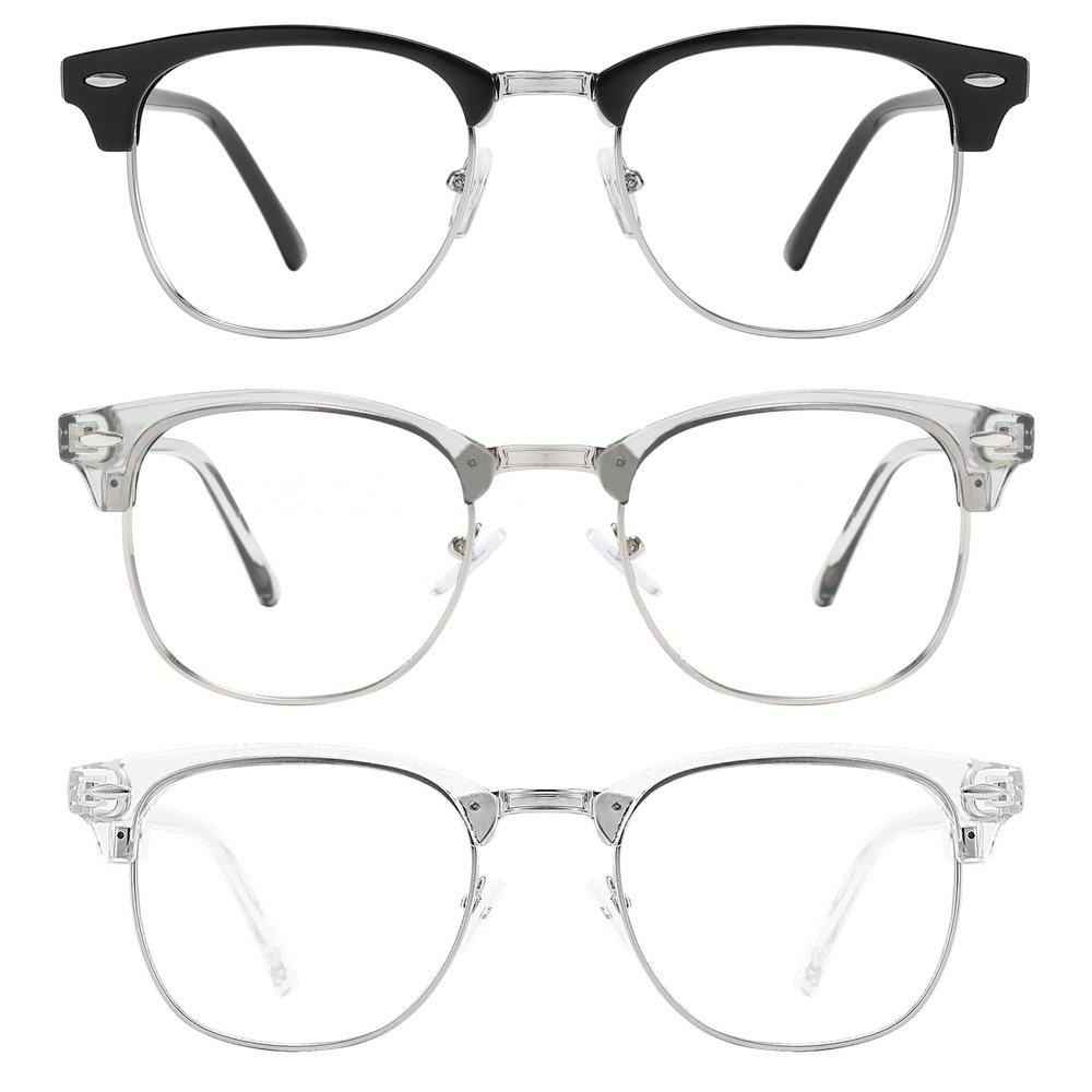 Przene Blue Light Blocking Glasses for Men Women Retro Round Semi Rimless UV400 Computer Eyewear 3-Pack Black/grey/transparent