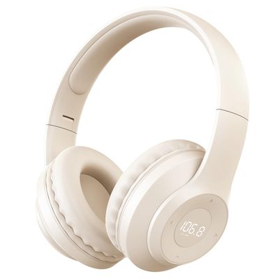 kamapulo X5 Rechargeable & Portable FM Radio Headphones with Best Reception, LED Display, Soft Ear Muffs, FM Headset Radio Receiver for Meeting, Works, Hiking, Jogging (Beige)