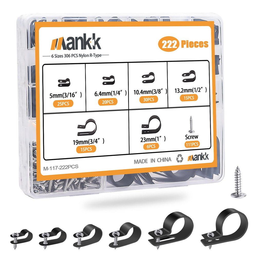 mankk 222 Pcs Nylon Plastic R-Type Cable Clips 6 Sizes and 50PCS 1/2 Inch Rope Light Clips P-Style Mounting Clips