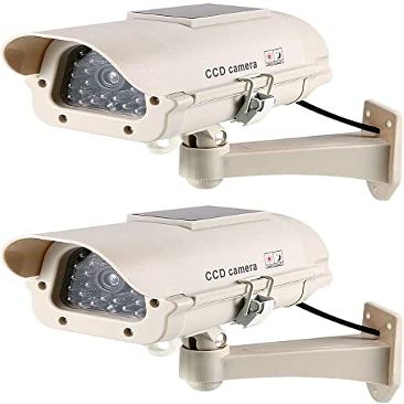 XYWHPGV Fake Security Camera Solar Powered Dummy CCTV Surveillance System with Blinking Red LED Warning Light, Sticker for Home Outdoor Indoor White 2pcs(6fcb4 547bd dd290 27232 bd247 f2a80