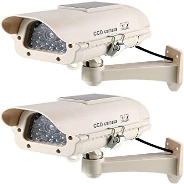 XYWHPGV Fake Security Camera Solar Powered Dummy CCTV Surveillance System with Blinking Red LED Warning Light, Sticker for Home Outdoor Indoor White 2pcs(6fcb4 547bd dd290 27232 bd247 f2a80