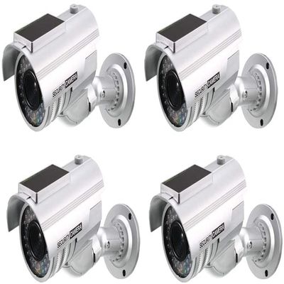 XYWHPGV Fake Security Camera Solar Powered Dummy CCTV Surveillance System with Blinking Red LED Warning Light, Sticker for Home Outdoor Indoor Silver 4pcs(ce226 d7c3f 880ba db940 173da b25a5