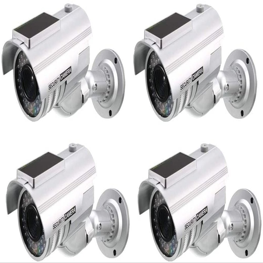 XYWHPGV Fake Security Camera Solar Powered Dummy CCTV Surveillance System with Blinking Red LED Warning Light, Sticker for Home Outdoor Indoor Silver 4pcs(ce226 d7c3f 880ba db940 173da b25a5