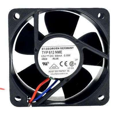 12V TYP 612NME 69mA 0.8W 6025 Cooling Fan 60X60X25MM 2-Wire, Black