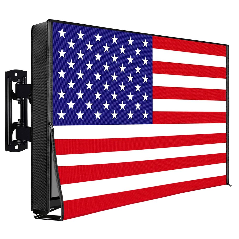 IC ICLOVER Outdoor TV Cover 32 Inch, 600D Heavy Duty 4 Season Weatherproof TV Screen Protector with Waterproof Zipper & Remote Control Pocket, Outside Television Enclosure for LED, LCD TVs -US Flag