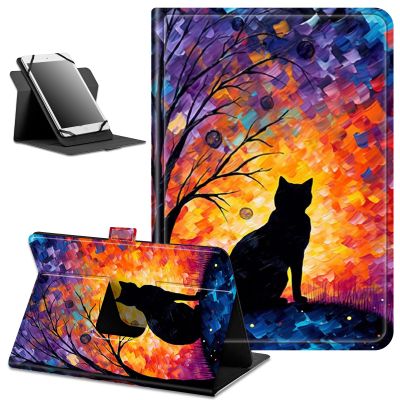 Universal Case for 6",6.8",7" Kindle eReaders Fire Tablet- Kindle/Kobo/Voyaga Tablet,Slim PU Leather Multi-Angle Viewing Cover with 360 Degree Rotatable Kickstand-Black Cat Glowing Tree