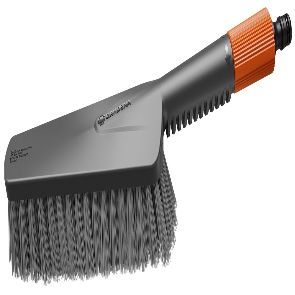 Gardena Cleansystem Hand-Held Brush M Soft Medium-Size Cleaning Brush with Hose Connection, Flat Body, for Smaller, Sensitive Surfaces Outside, with Water-Flow Regulation (18841-20)