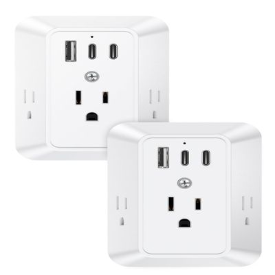 2 Pack Multi Plug Socket, USB Wall Charger, Surge Protector, 3 Outlet Extender 3 USB Ports (2 USB C), 1050J Power Strip Electrical Outlet Splitter Wall Plug Adapter Spacer for Home Travel Office
