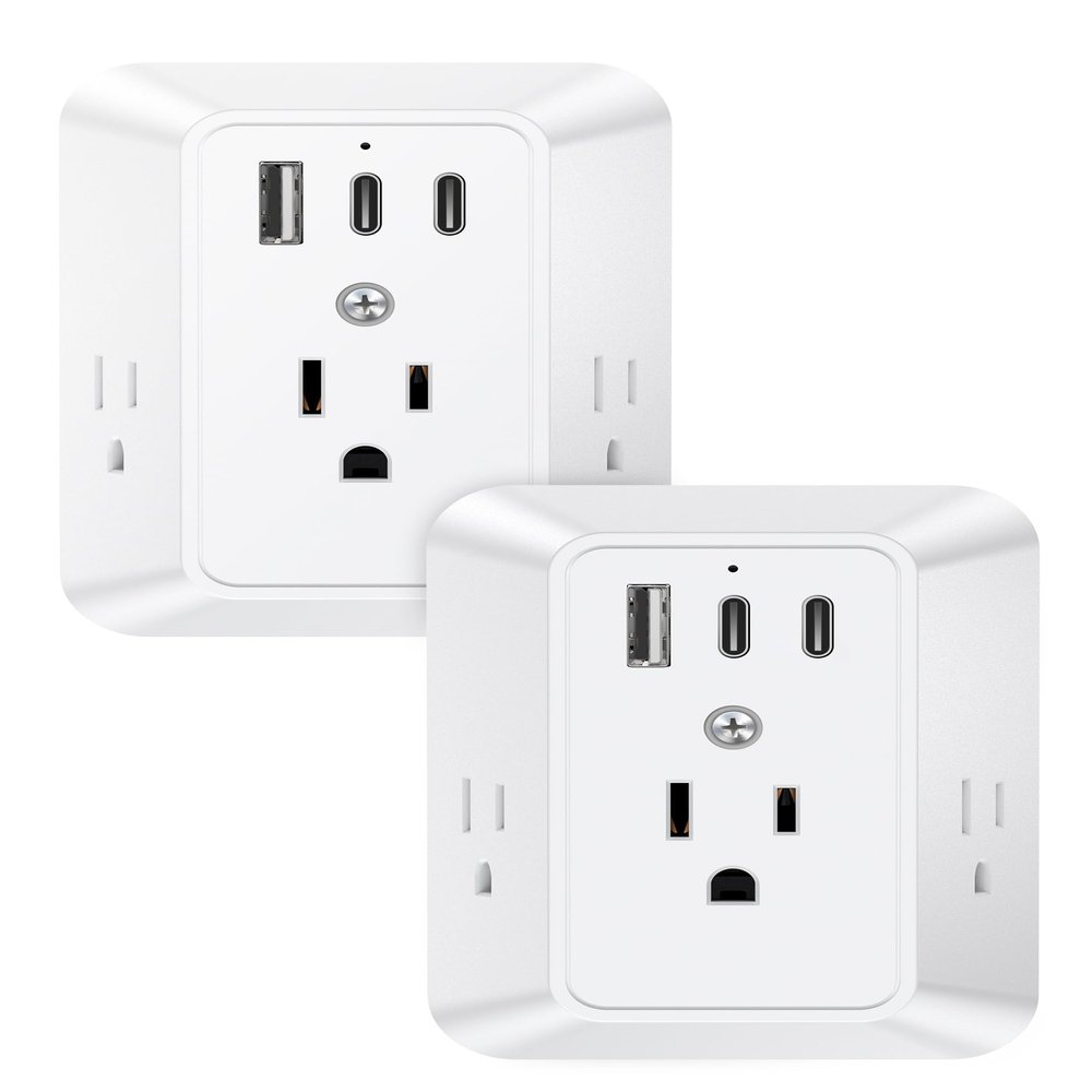 2 Pack Multi Plug Socket, USB Wall Charger, Surge Protector, 3 Outlet Extender 3 USB Ports (2 USB C), 1050J Power Strip Electrical Outlet Splitter Wall Plug Adapter Spacer for Home Travel Office