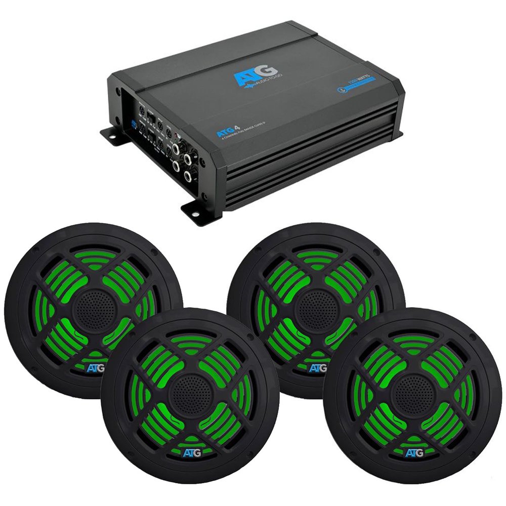 ATG Marine Audio Bundle - Includes 4 Channel Amplifier and Two Pairs of 8" RGB LED Black Speakers