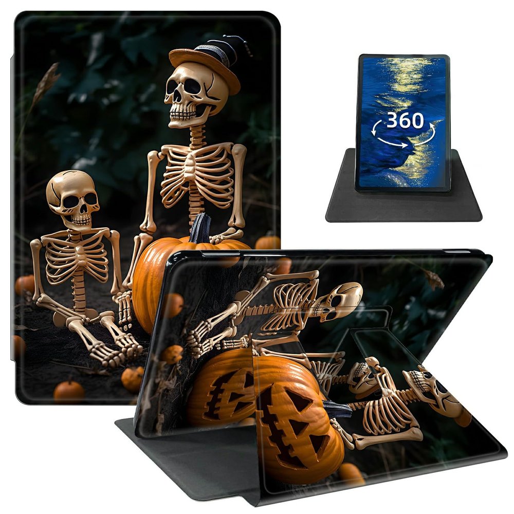 Case for 6.8" Kindle Paperwhite (11th Generation 2021) and Kindle Paperwhite Signature Edition PU Leather 360 Degree Rotating Swivel Smart Cover with Auto Wake/Sleep, Halloween Skull Human Skeleton