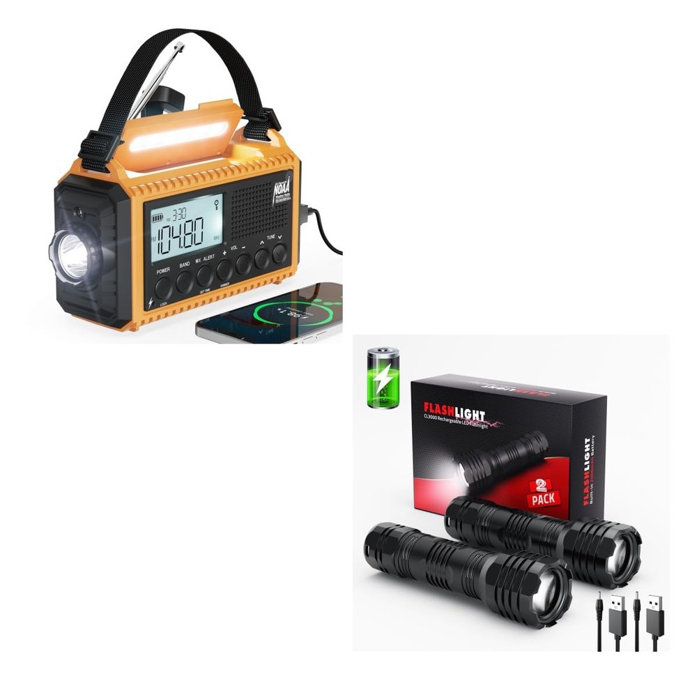 2 Pack Rechargeable Flashlights High Lumens + Emergency Radio,5000 Digital Weather Radio with AM/FM/NOAA/SW
