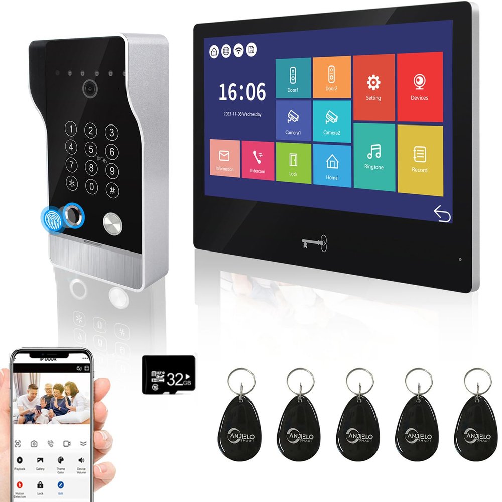 1080P Video Apartment Intercom System,10 Inch Wired Touch Screen Monitor,Wireless Tuya WiFi 5 in 1 Unlock,Supporting Fingerprint,RFID,Password,Motion Detect for Home Villa,32G